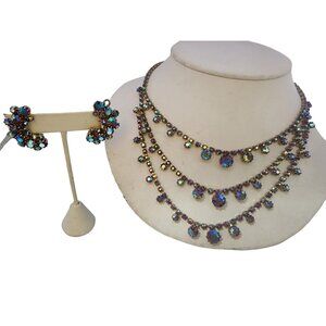 Unsigned Amazing Sparkly AB Rhinestone 3 Row Necklace and Earrings Set (A4628)